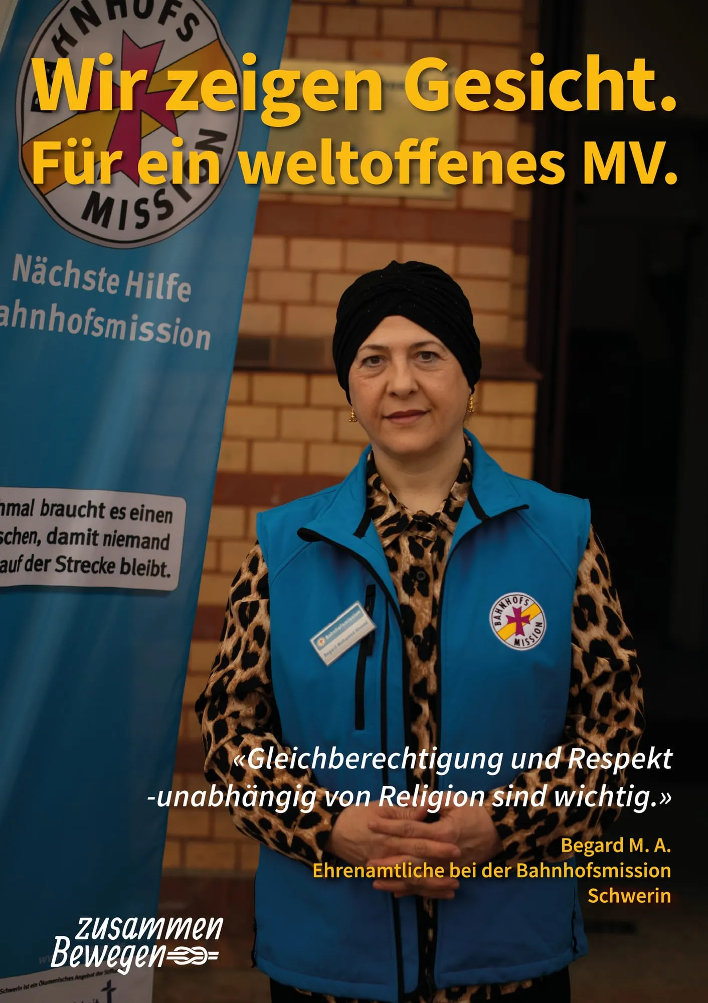 Plakat: «Gleichberechtigung und Respekt – unabhängig von Religion sind wichtig.» — Schwerin