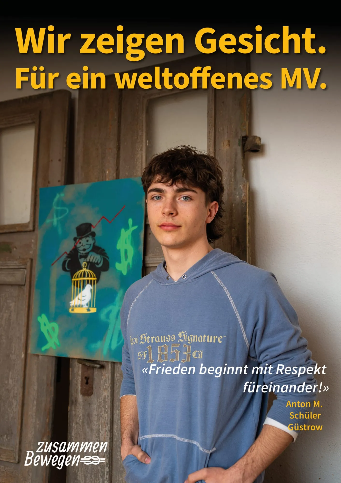 Plakat: «Frieden beginnt mit Respekt füreinander!» — Güstrow