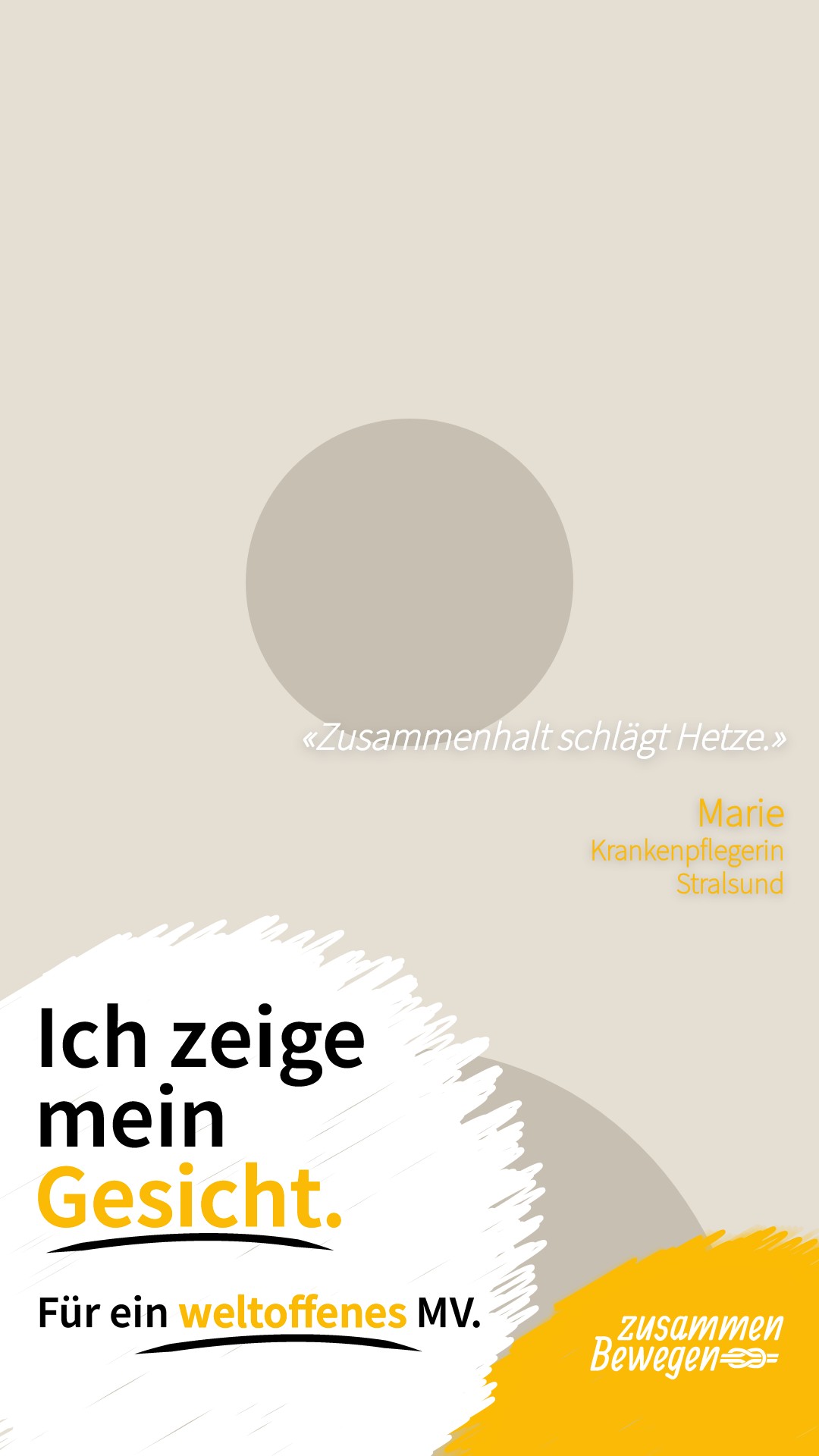 Beispielmotiv aus dem Bildgenerator: Silhouette einer Person, dazu der Spruch »Zusammenhalt schlägt Hetze.« und der Schriftzug »Ich zeige mein Gesicht. Für ein weltoffenes MV.«