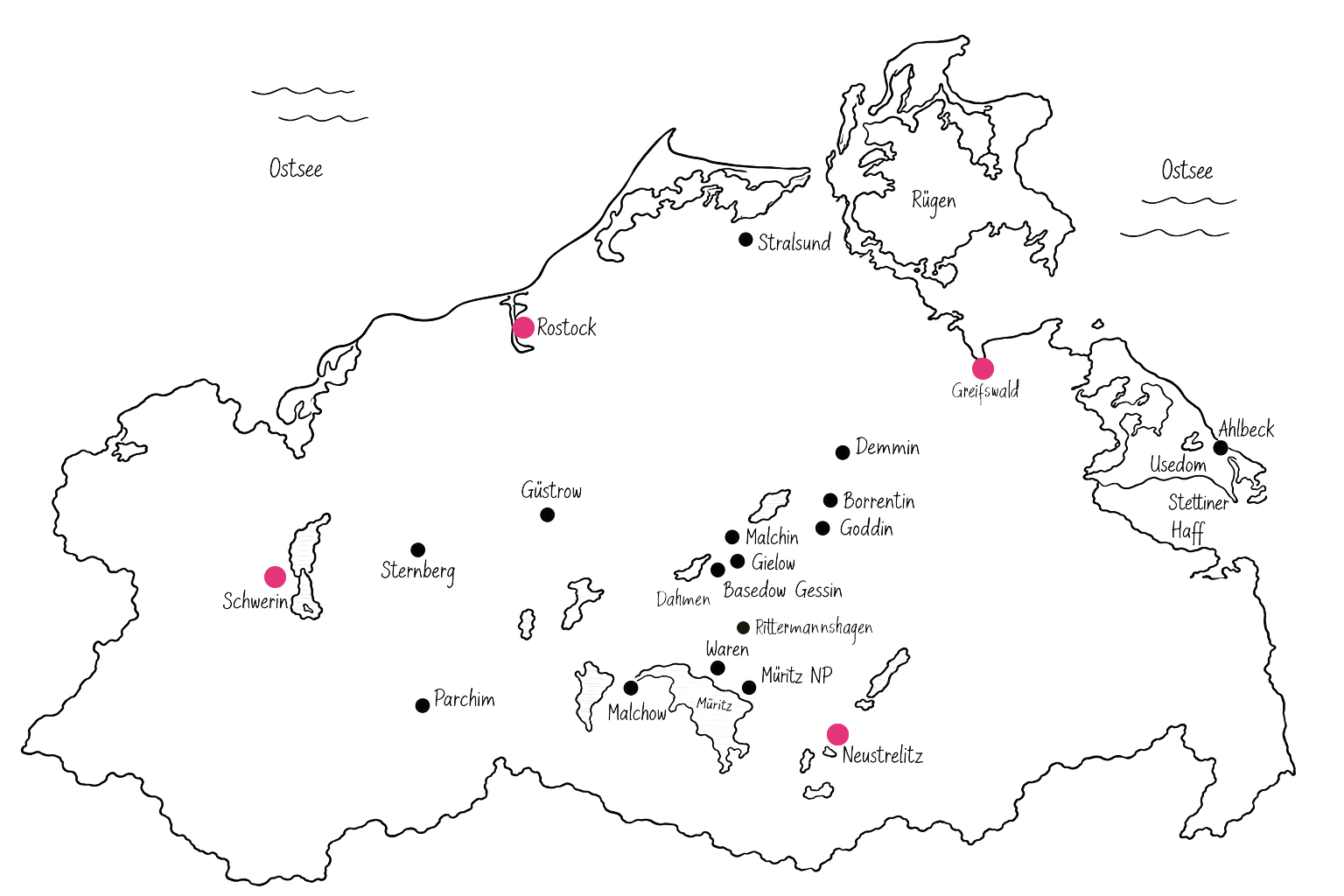 Handgezeichnete Karte von Mecklenburg-Vorpommern mit eingezeichneten Orten wie Rostock, Schwerin, Greifswald und der Müritz